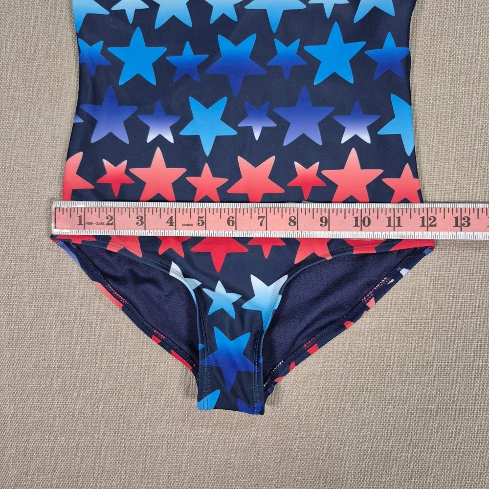 Lands End Girls Star Print One Piece Swimsuit Red Blue White Size M 8 UPF 50+